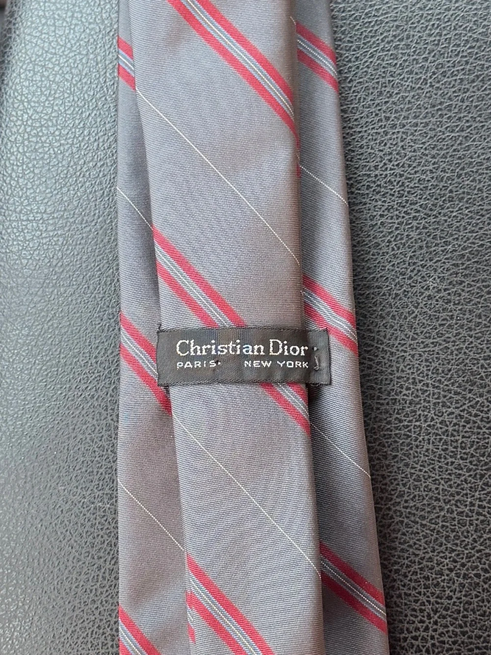 Dior Gray Silk Tie with Red and White Diagonal Stripes
